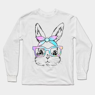 Cute Bunny Rabbit Face Tie Dye Glasses Girl Happy Easter Day Long Sleeve T-Shirt